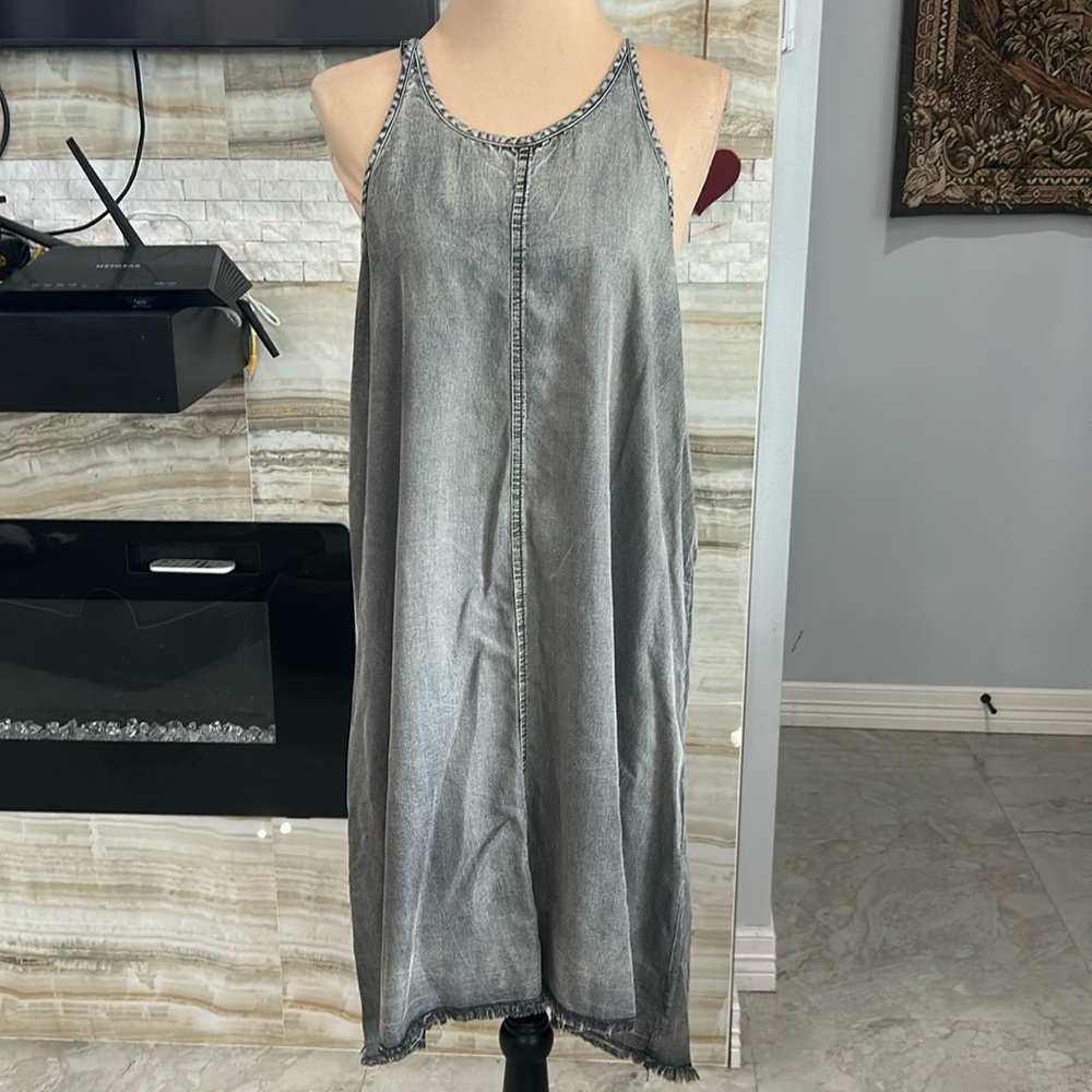 Mudpie Black/Grey Denim Jean Tank Dress Sleeveless‎ Scoop Neck Raw Hem. Size M